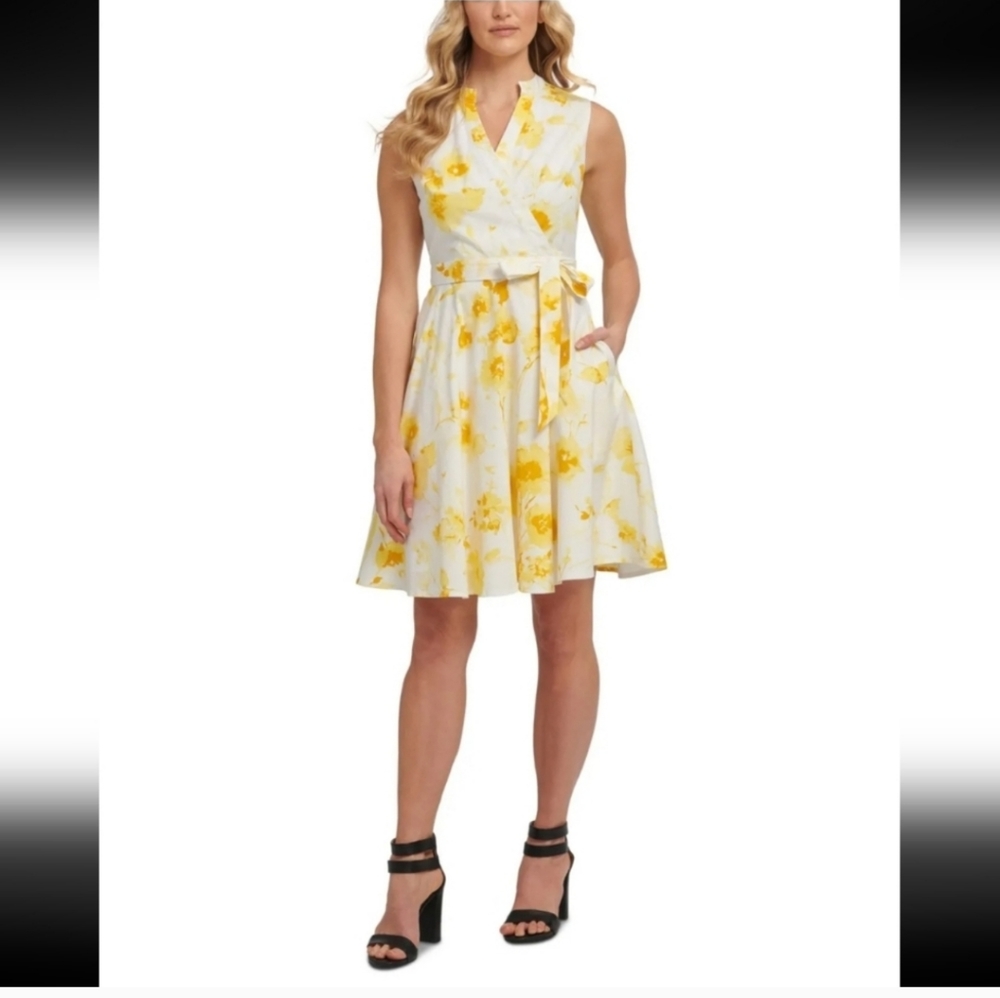 DKNY White Yellow 🌼 Stretch TieBand Collar Sleeveless Faux WrapSummer Dress 8